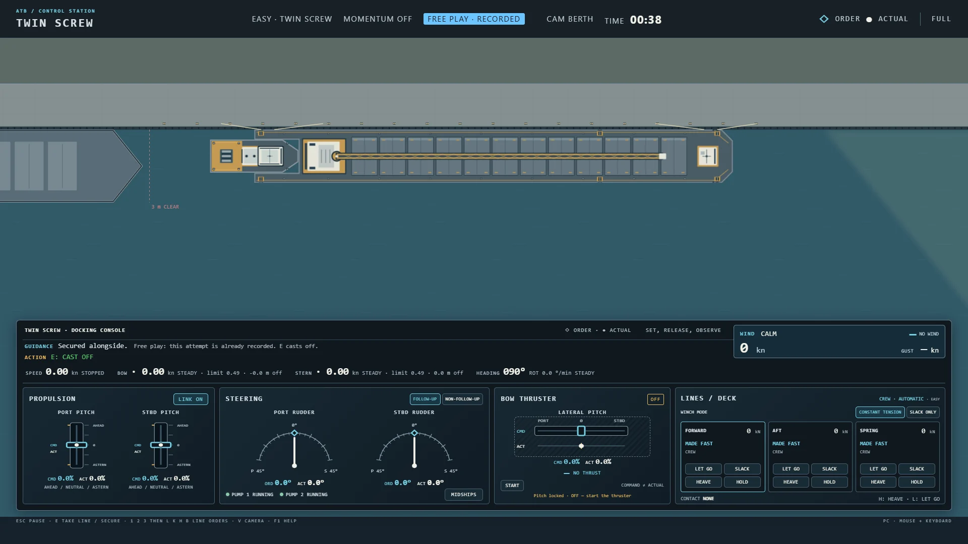 Top-down view of the tug-barge lying flat along a quay with four mooring lines made fast, a moored ship astern, and the docking console below showing every readout at zero and the lines panel reading made fast.